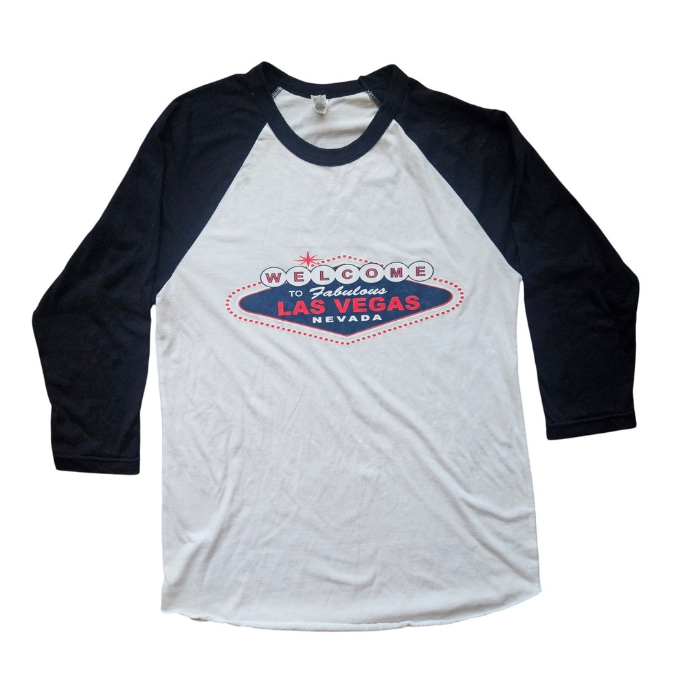 American Apparel Las Vegas Sign Raglan Baseball Tee White Black Small 3/4 Sleeve